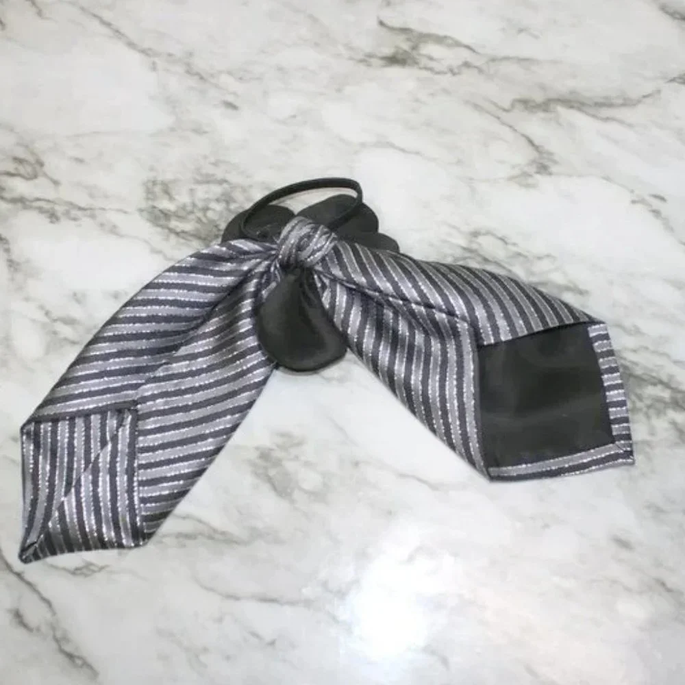 HAND CRAFTED Hair Scrunchy Bow Black Silver Metallic Stripe Upcycled Men's Tie